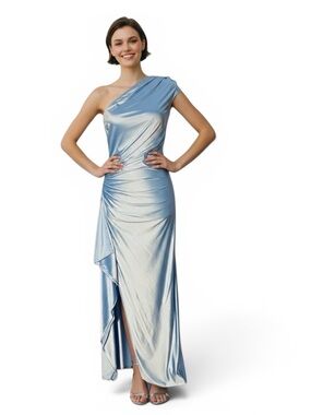 OYS Light Blue Satin One Shoulder Midi Dress Size M Ruched Elegant Formal